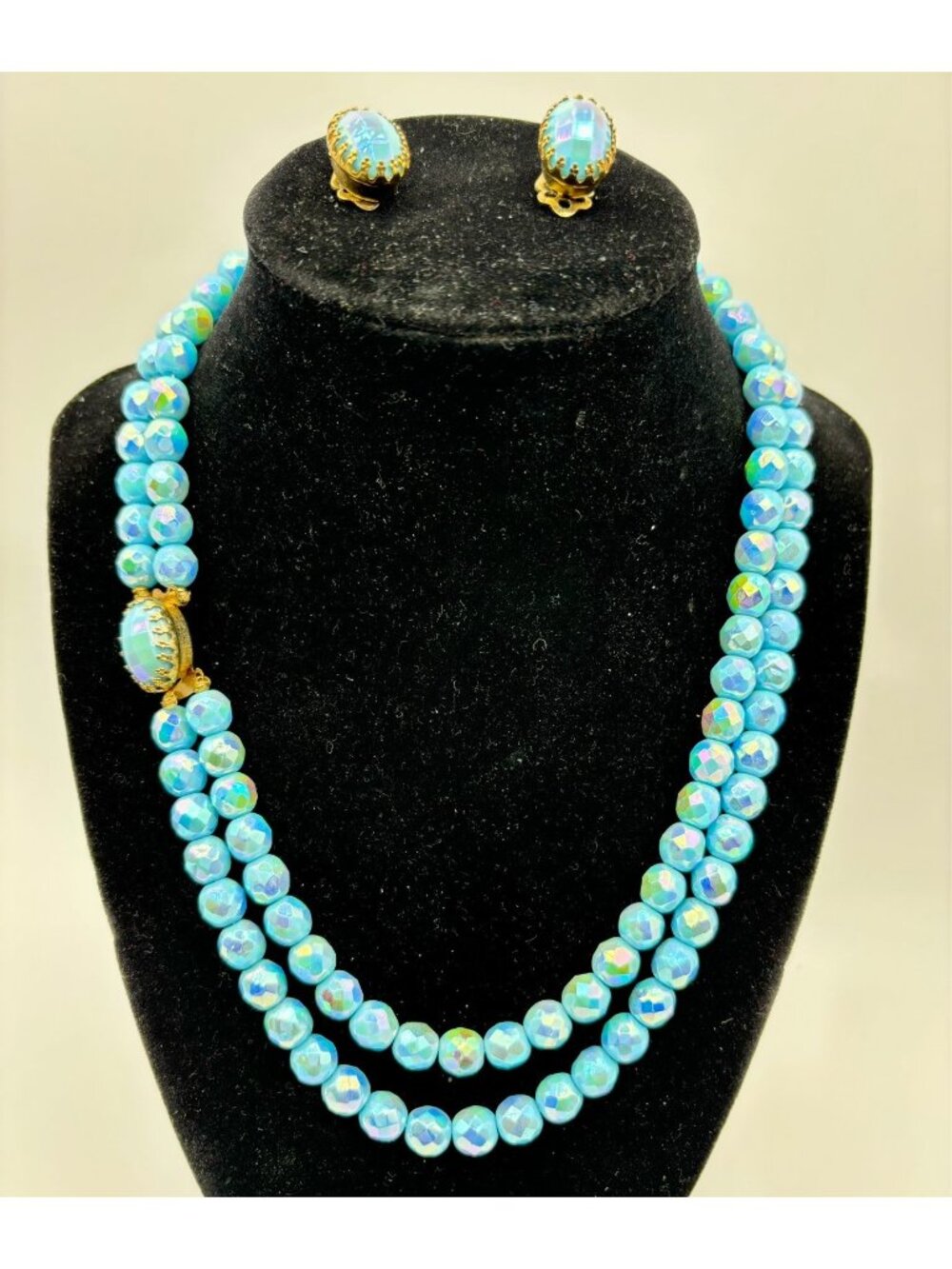 1950s Glass Necklace Earrings Ensemble Iridescent Faceted Beads